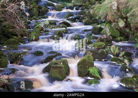 Langsame Exposition Schuß von White Water Rapids auf einem Fluß in der Grafschaft Wicklow, Irland. Stockfoto
