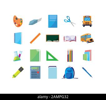 Schule Icon Set Design, Eduaction Klasse Lektion wissen Vorschüler studieren lernen Unterricht und primäre Thema Vector Illustration Stock Vektor