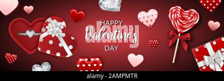 Valentinstagsbanner mit Geschenkschachteln, Herzen, herzförmigem Lollipop Stockfoto