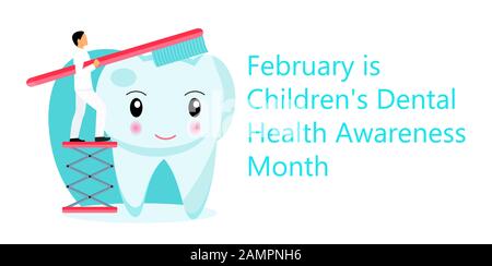 KINDental Health Awareness Monat im Februar Konzeptvektor. National Dental Hygiene Monat, Woche, Tag. Winziger Zahnarzt, der süße Zähne putzte Stock Vektor