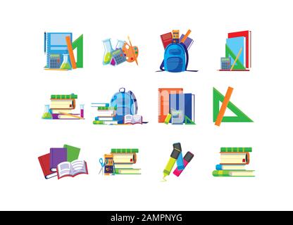 Schule Icon Set Design, Eduaction Klasse Lektion wissen Vorschüler studieren lernen Unterricht und primäre Thema Vector Illustration Stock Vektor