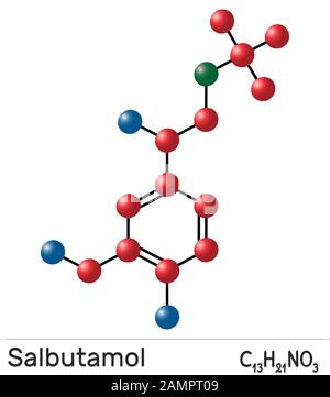 Salbutamol, Albumterol-Molekül. Es ist ein kurzwirkender Agonist, der bei der Behandlung von Asthma und COPD eingesetzt wird. Molekularmodell. Abbildung Stockfoto