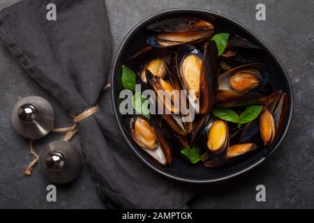 Muscheln in Tomatensoße und Basilikum. Ansicht von oben flach Stockfoto