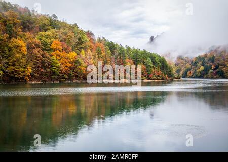 Herbstliche Spiegelung im Wasser. Stockfoto
