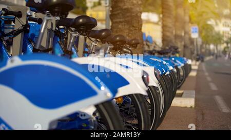 Blaue Öko-Fahrräder stehen in Reihe auf der Straße, Fahrradverleih, Stadtverkehr Stockfoto