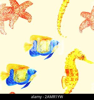 Nahtlose Muster mit den Fischen. Aquarell. Stockfoto