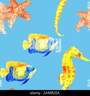 Nahtlose Muster mit den Fischen. Aquarell. Stockfoto