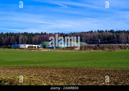 Landwirtschaftliche Biogasanlagen mit Lagertanks. Die Station verarbeitet Abfälle aus der Hühneraufzucht. Erzeugung sauberer Energie in der Natur, nachhaltige Energie Stockfoto