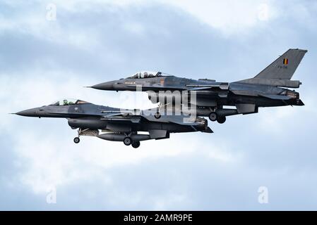 Ein Kampfflugzeug General Dynamics F-16 Fighting Falcon der belgischen Luftwaffe. Stockfoto