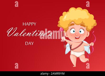 Alles gute zum Valentinstag. Grußkarte mit lustiger Cupid Kid mit Schleife und Liebespfeil, niedlicher Cartoon-Figur. Vektorgrafiken Stock Vektor