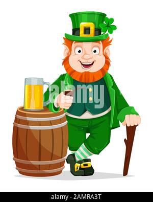 Stock-Vektor Leprechaun Cartoon-Charakter. Alles gute zum St. Patrick's Day. Illustration von Leprechaun mit Gehstock, Bier und Rauchrohr Stock Vektor