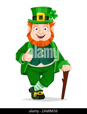 Stock-Vektor Leprechaun Cartoon-Charakter. Alles gute zum St. Patrick's Day. Illustration von Leprechaun mit Gehstock Stock Vektor