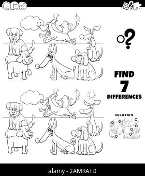 Schwarz-Weiß Cartoon Illustration des Auffindens Von Unterschieden Zwischen Bildern Bildspiel für Kinder mit Hunden Figuren Gruppe Malbuch Pa Stock Vektor