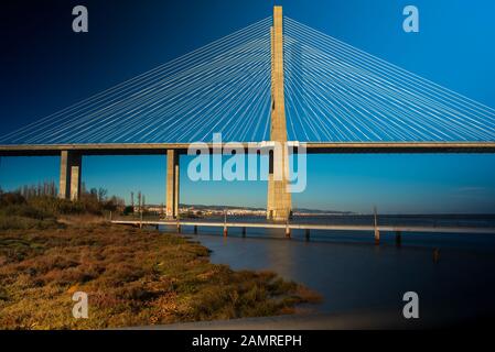 Panoramablick auf eine moderne Kabelbrücke, die sich über einen breiten Fluss unter einem leuchtend blauen Himmel erstreckt Stockfoto