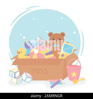 Volle Kartonschachtel mit Cartoon Kids Spielzeuge tragen Enteneimer Blöcke Kugelbleistifte Stock Vektor