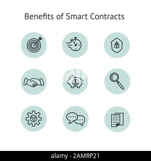 Vorteile von intelligenten Vertragssymbolen festgelegt. Sammlung von Line-Art-Elementen der Vorteile der Blockchain Technologie Stock Vektor
