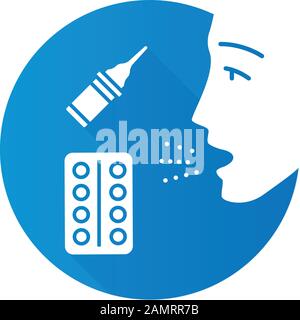 Allergiebehandlung - flaches Design mit langer Schatten-Glyphe. Antihistaminika. Linderung der Allergiesymptome. Behandlung mit Pillen und Tropfen. Medikation von A. Stock Vektor