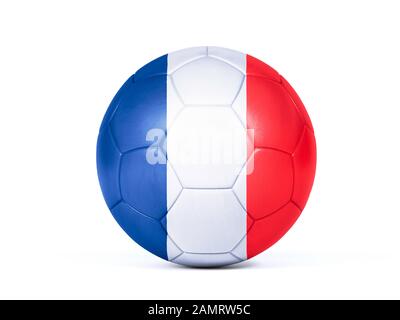 Fußball oder Fußball mit den Farben der französischen Nationalflaggen Konzept der Teamunterstützung bei Meisterschaften oder WM isoliert auf Weiß Stockfoto