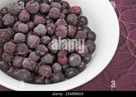 Gesunde, gefrorene Blaubeere in einer weißen Keramikschale. Der Hintergrund ist eine violett gefärbte strukturierte Platzmatte. Stockfoto