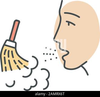 Farbsymbol für Stauballergie. Luftallergenquelle. Allergische Reaktion des Immunsystems. Mann atmet Hausstaub. Grund für Niesen. Atemwege Stock Vektor