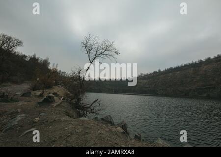 Ein blättriger Baum, der über dem Wasser des Hochwasser-Granit-Steinbruchs wächst. Verschwendeter Steinbruch in Krivoy Rog, Ukraine Stockfoto