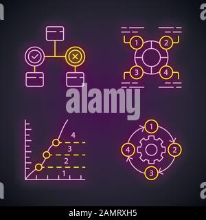 Diagrammkonzepte Neonlichtsymbole gesetzt. Entscheidung, Begründung, Phase, Prozessdiagramme. Statistikdaten und Prozessablauf. Informationsdarstellung. Glo Stock Vektor