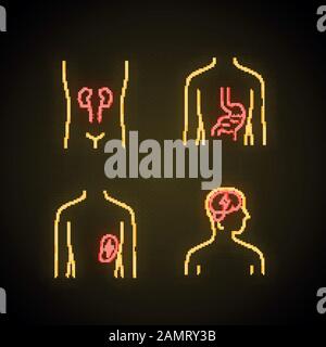 Kranke menschliche Organe Neonlicht-Symbole gesetzt. Wunde Nieren und Milz. Schmerzende Magen. Ungesundes Gehirn. Kranke innere Körperteile. Leuchtende Zeichen. Vektorisola Stock Vektor