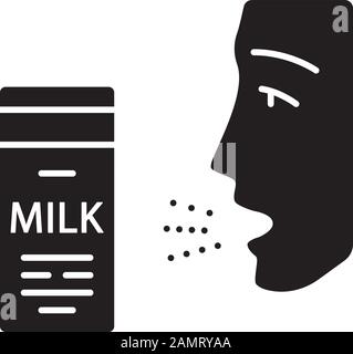 Glyph-Symbol für Milchallergie. Lebensmittelallergie. Allergische Reaktion auf Milchproteine. Laktoseintoleranz. Medizinisches Problem. Allergene in Milchprodukten. Silhouettensymbol Stock Vektor