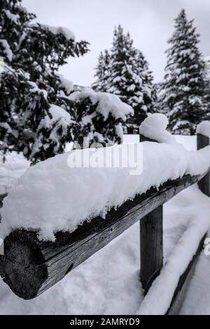 An einem alten Holzzaun häuft sich Schnee und verzweigt sich in den Wasatch Mountains in Utah. Stockfoto