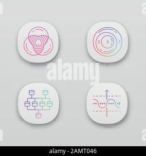 Diagramme Anwendungssymbole festgelegt. Statistische Analyse. Marketinganalyse. UI/UX-Benutzeroberfläche. Web- oder mobile Anwendungen. UI/UX-Benutzeroberfläche. Web oder mobil Stock Vektor