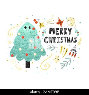 Frohe Weihnachtskarte mit einem niedlichen Baum. Lustiger Urlaubsdruck Stock Vektor