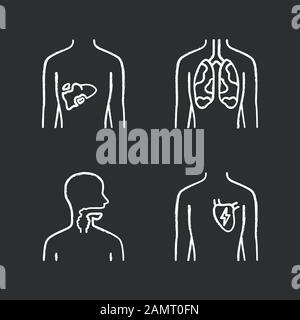 Kreidesymbole der kranken menschlichen Organe werden gesetzt. Schmerzte Leber und Lunge. Schmerzende Kehle. Ungesundes Herz. Kranke innere Körperteile. Isoliertes Vektor-Schwarzen Brett Stock Vektor