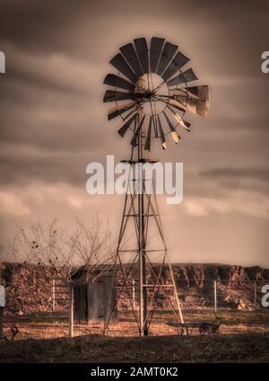 Eine Windmühle steht gegen den Abendhimmel auf einer ländlichen Farm im Süden Utahs. Stockfoto