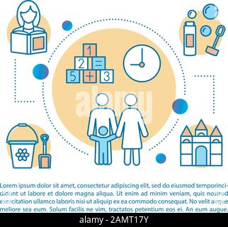 Vektorvorlage für die Seite "Happy Family Time" für Artikel. Kinderspiele. Buchlesen. Broschüre, Magazin, Booklet Design Element, lineare Symbole und Textfelder. Pri Stock Vektor