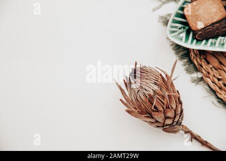 Getrocknete protea-blume neben einem Gericht mit Keksen Stockfoto