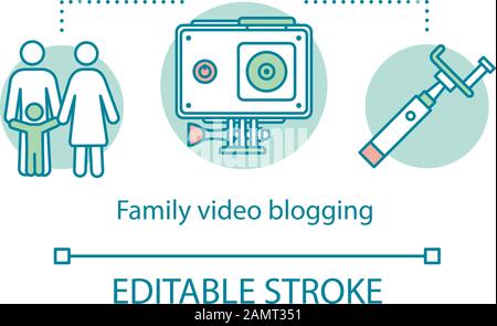 Symbol für ein Konzept für das Blogging von Videos. Familienaktivitäten mit Kindern Idee Thin Line Illustration. Familienfilmherstellung. Vlog über den Alltag. Erinnerungen sammeln. Stock Vektor