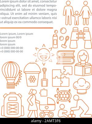 Vorlage für Seitenvektor für Familienzeit. Kinderspiele. Ballonfahrt. Broschüre, Magazin, Booklet Design Element, lineare Symbole und Textfelder. Drucken des Stock Vektor