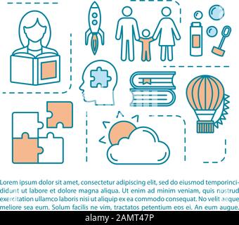 Vorlage für Seitenvektor für Familienzeit. Gehen Sie mit Kindern. Ballonfahrt. Broschüre, Magazin, Booklet Design Element, lineare Symbole und Textfelder. P Stock Vektor