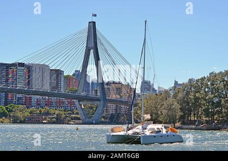 Glebe Foreshore Walk mit Blick auf Anzac Bridge und Pyrmont Suburb, Sydney, Australien Stockfoto