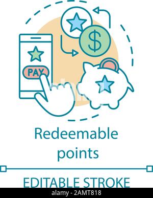 Symbol für das Konzept der einlösbaren Punkte. Cashback, Bonus einlösen Idee Thin Line Illustration. Kundenbindungsprogramm. Einkaufsmöglichkeiten und Geldwechsel. Ve Stock Vektor