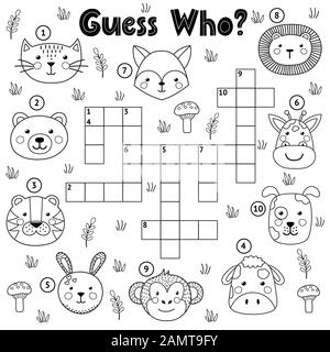 Raten Sie, wer Schwarz-Weiß-Kreuzworträtsel für Kinder ist Stock Vektor