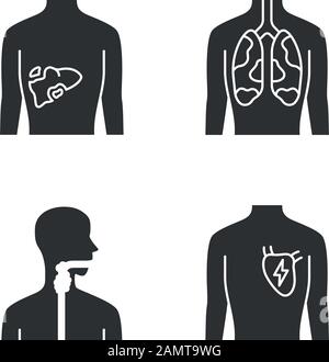 Kranke menschliche Organe Glyphe Symbole gesetzt. Schmerzte Leber und Lunge. Schmerzende Kehle. Ungesundes Herz. Kranke innere Körperteile. Silhouettensymbole. Vektor isoliert Stock Vektor