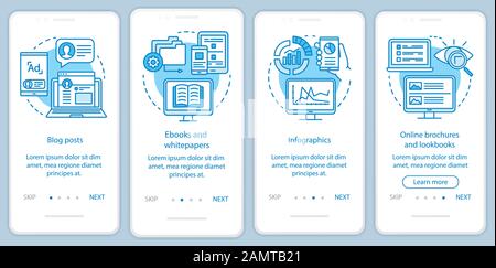 Awareness Content Blue Onboarding Mobile App - Bildschirmvektorvorlage. Blog-Beiträge, E-Books, Infografiken führen Sie Website-Schritte mit linearem Illus durch Stock Vektor