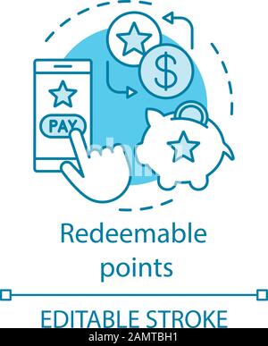 Symbol für das Konzept der einlösbaren Punkte. Cashback, Bonus einlösen Idee Thin Line Illustration. Kundenbindungsprogramm. Einkaufsmöglichkeiten und Geldwechsel. Ve Stock Vektor