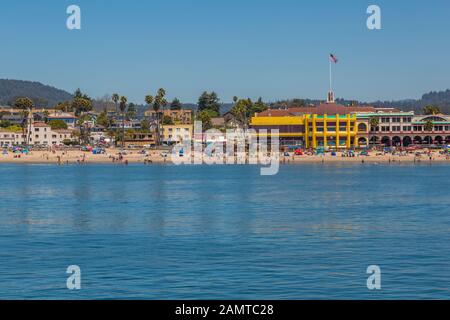 Blick auf Casino und Strand aus kommunalen Wharf, Sant Cruz, Kalifornien, Vereinigte Staaten von Amerika, Nordamerika Stockfoto