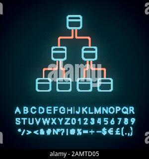 Symbol für Neonlicht im Baumdiagramm. Hierarchisches System. Knotenverknüpfungsdiagramm. Baumstruktur. Reihenfolge und Einreichung. Leuchtende Zeichen mit Alphabet, Zahlen und Stock Vektor