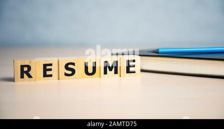 Auf Holzblock geschriebenes Wort mit Buch und Zange wiederaufnehmen. Jobkonzept. Stockfoto