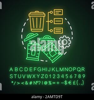 Symbol für das Konzept des Neon-Lichtkonzepts ohne Verschwendung. Recycelbare Produkte Idee der dünnen Linie Illustration Idee. Verschwenden Sie das Leuchtende Zeichen mit Alphabet, Zahlen Stock Vektor