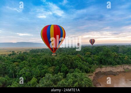 Heißluftballons fliegen über Masai Mara National Reserve, Kenia Stockfoto