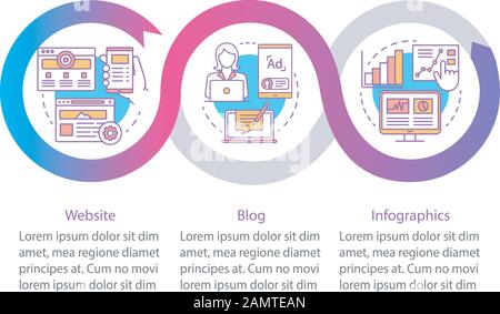 Kanäle für SEO Vector Infografievorlage. Designelemente für Geschäftspräsentationen. Datenvisualisierung mit drei Schritten und Optionen. Prozesszeitplan Stock Vektor